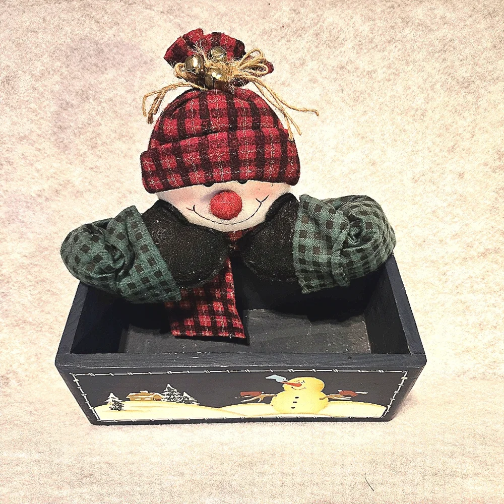 VTG 1996 Handpainted Wood Snowman Card Mail Holder Desk Organizer Winter Box